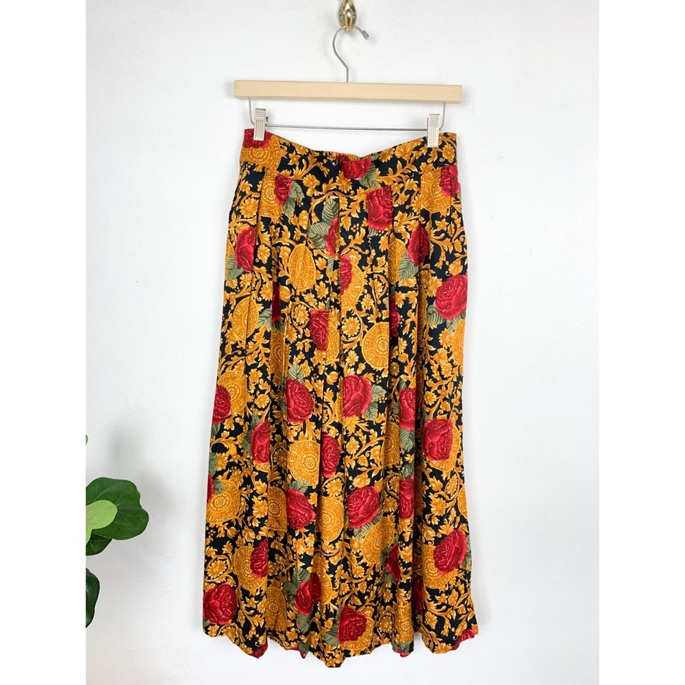 Vintage 90s Casual Corner Gold & Rose Print Midi/Maxi Skirt Sz 14